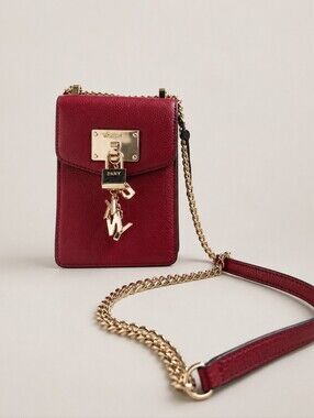 Dkny Cherry Red Leather Mini Crossbody with Gold Chain